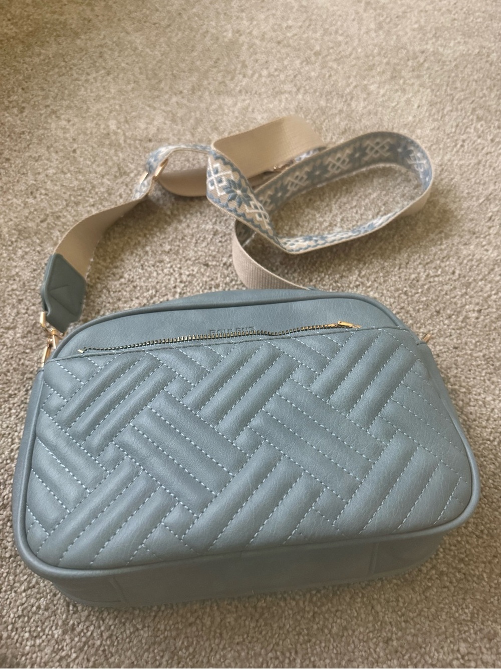 Quilted Crossbody Bag in Light Blue with Adjustable Woven Strap